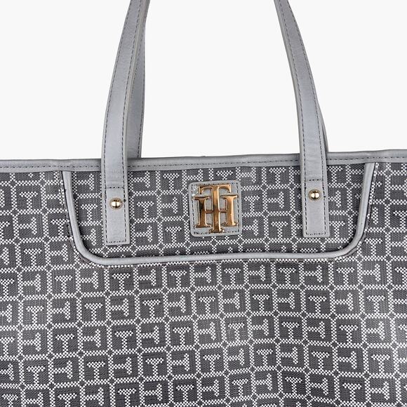 NWOT TOMMY HILFIGER Faux Leather Signature Logo Tote Bag (Gray) - Picture 6 of 9